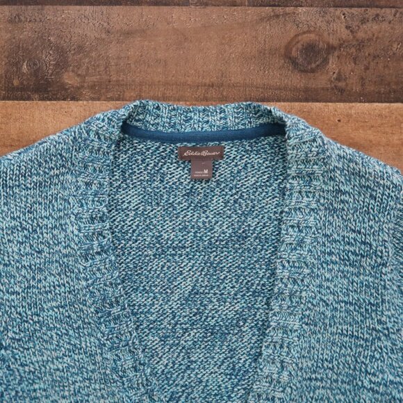 Eddie Bauer Womans Medium Blue Knit 3/4 Sleeve One Button Cardigan Sweater - Picture 2 of 3